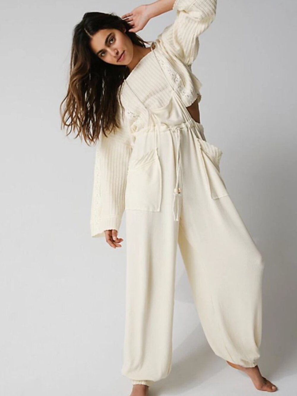 Free People Dylan Kit Two Piece Set Top & Overalls Ivory Size Large